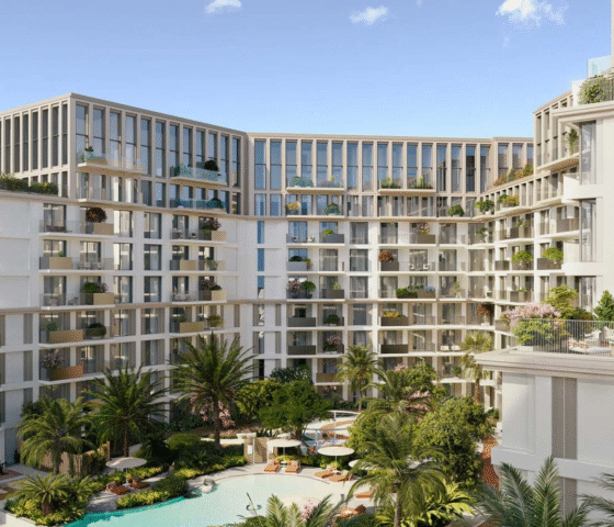 Contemporary mid-rise residential towers with sunset view