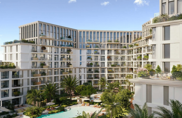 Contemporary mid-rise residential towers with sunset view