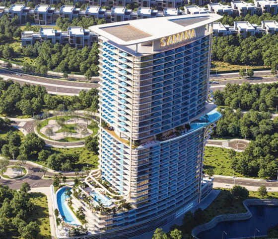 Modern residential tower with cascading private pools