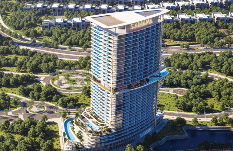 Modern residential tower with cascading private pools