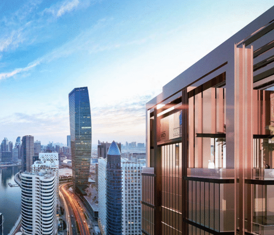 Modern balcony overlooking city skyline at sunrise