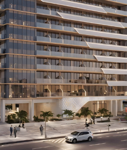 Main facade of Floarea Oasis residential building in Dubailand