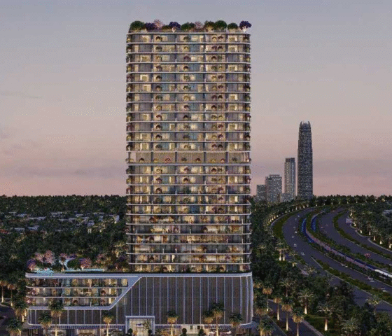 Interstellar tower with rooftop garden and curved podium design at dusk