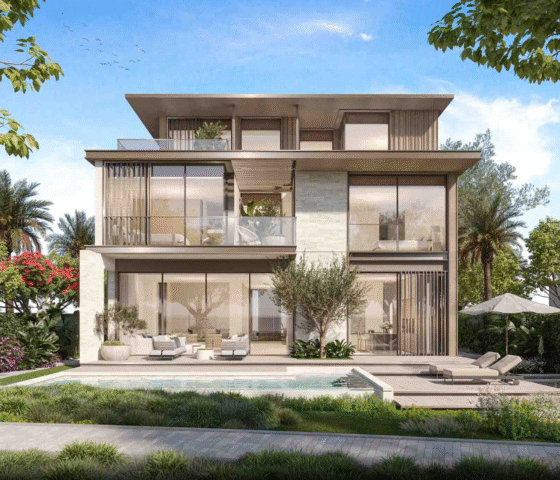 Modern villa exterior with landscaped surroundings in a gated Meydan community