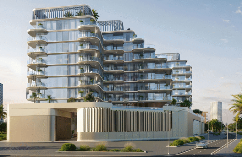 Modern residential buildings with glass balconies and landscaped grounds.