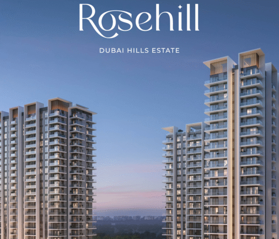 Evening view of twin residential towers with rooftop pool and lush landscaped surroundings