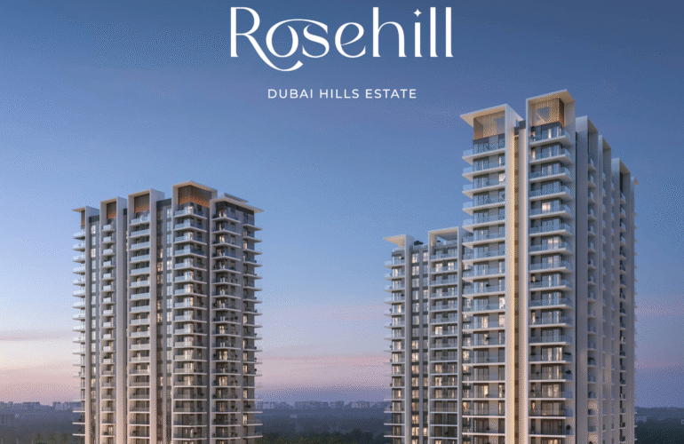 Evening view of twin residential towers with rooftop pool and lush landscaped surroundings