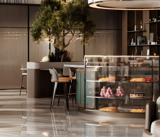 Elegant café interior with dessert display and bar stools