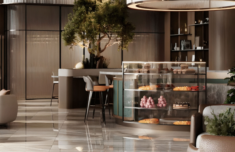 Elegant café interior with dessert display and bar stools