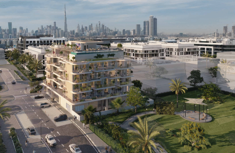 Modern mid-rise building with rooftop greenery and city skyline view
