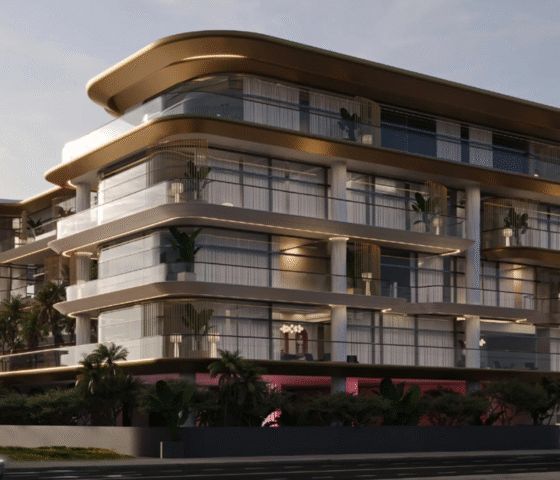 Exterior view of Belmont Park apartments in Nad Al Sheba 1 Dubai with modern glass façade and contemporary architecture .