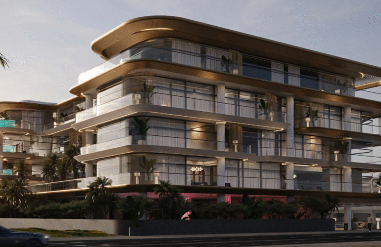 Exterior view of Belmont Park apartments in Nad Al Sheba 1 Dubai with modern glass façade and contemporary architecture .