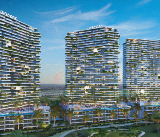 Modern facade of Golf Greens Tower 2 at DAMAC Hills, Dubai