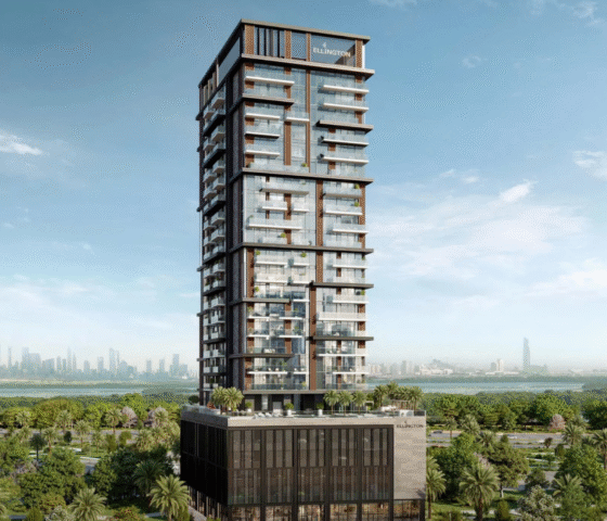 A striking architectural rendering of the Riverton House high-rise, showcasing its modern design on the Meydan Horizon lagoonfront .