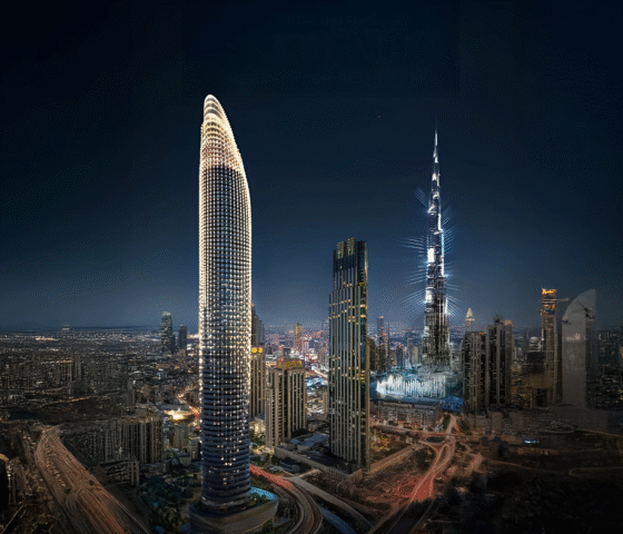 SKYBLADE by Binghatti – night render showcasing the tower’s iconic blade-shaped design and illuminated façade against the Dubai skyline.