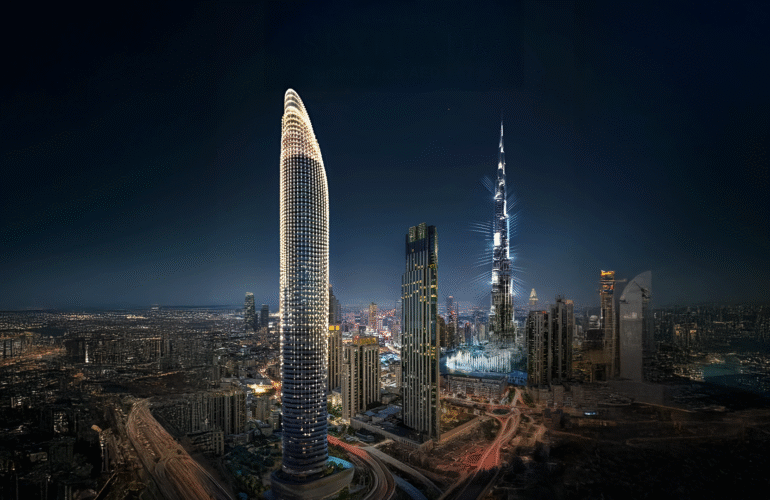 SKYBLADE by Binghatti – night render showcasing the tower’s iconic blade-shaped design and illuminated façade against the Dubai skyline.