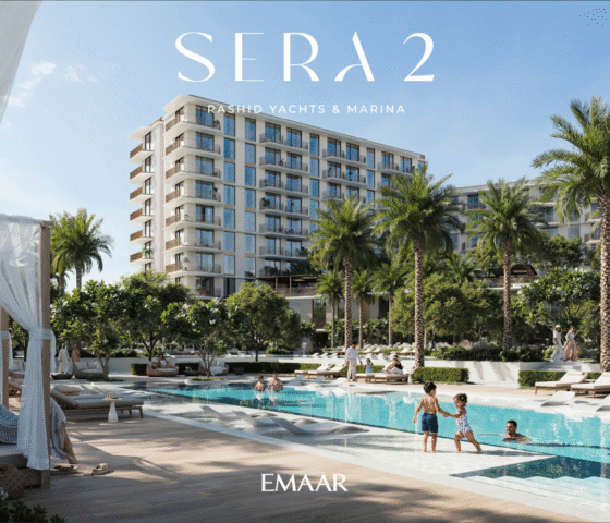 SERA 2 by Emaar with a modern pool, cabanas, palm trees, and contemporary residential building.