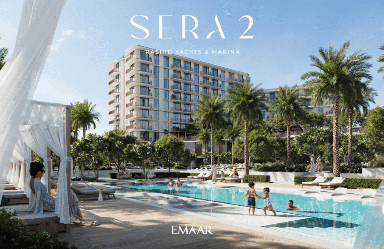 SERA 2 by Emaar with a modern pool, cabanas, palm trees, and contemporary residential building.