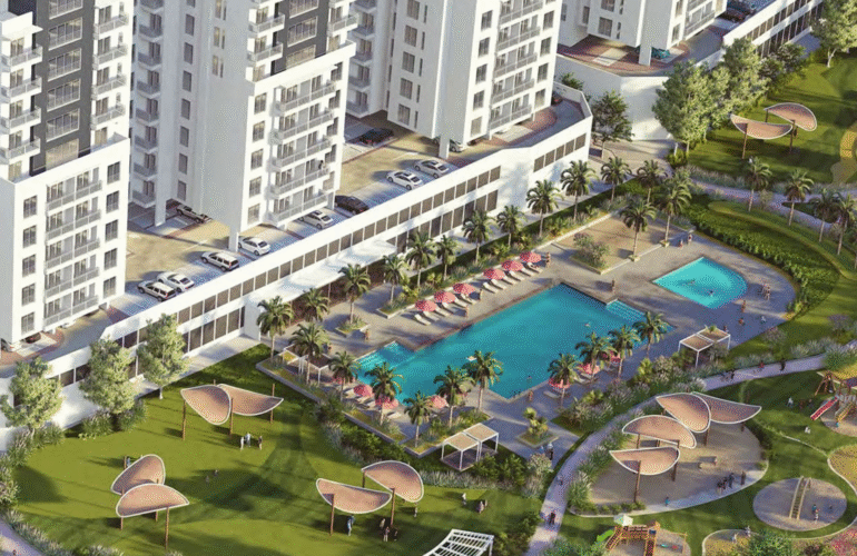 Aerial view of South Garden Tower 3 by WASL featuring landscaped gardens, children’s play areas, and a large swimming pool with sun loungers.