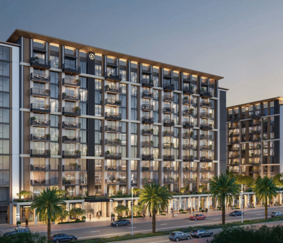 Evening view of Windsor House residential towers with lit balconies