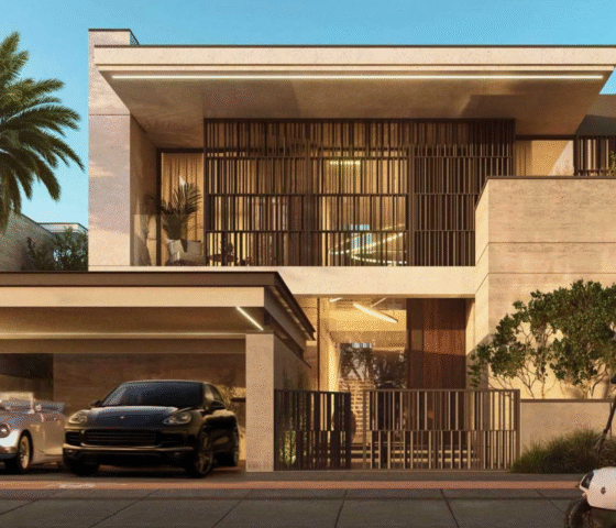 Modern villa exterior at Ashwood Estates, featuring a covered carport with luxury cars, and a person with a bicycle.