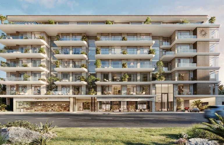 The exterior of Emerge Residences in Meydan City, showing its modern architecture and integrated retail spaces.