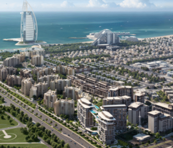Aerial view of MJL Nourelle by Meraas, showing the residential buildings and the adjacent Burj Al Arab.