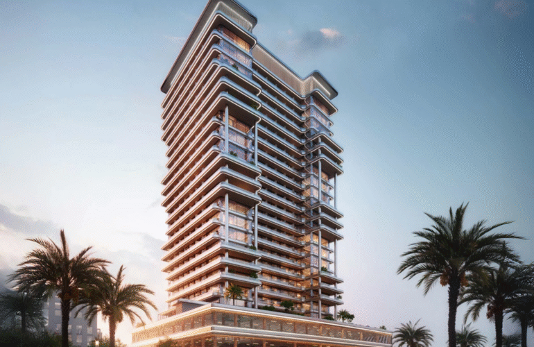 Exterior view of the Binghatti Hillside residential building, showcasing its distinctive balconies and modern facade.