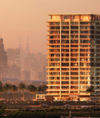 Binghatti Pinnacle residential tower in Al Jaddaf with a modern high-rise design at sunset.