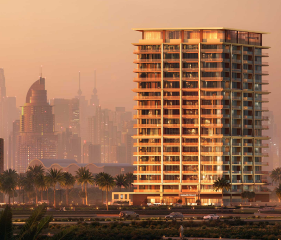 Binghatti Pinnacle residential tower in Al Jaddaf with a modern high-rise design at sunset.