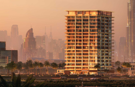 Binghatti Pinnacle residential tower in Al Jaddaf with a modern high-rise design at sunset.