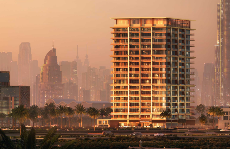Binghatti Pinnacle residential tower in Al Jaddaf with a modern high-rise design at sunset.
