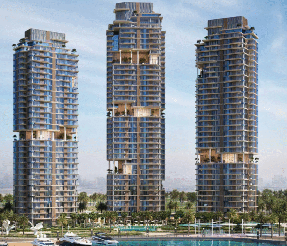 Contemporary master bedroom in The Edit at d3, featuring a modern chandelier and floor-to-ceiling windows with a city view.