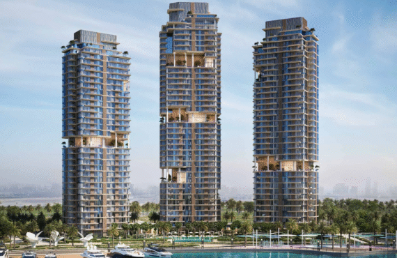 Contemporary master bedroom in The Edit at d3, featuring a modern chandelier and floor-to-ceiling windows with a city view.