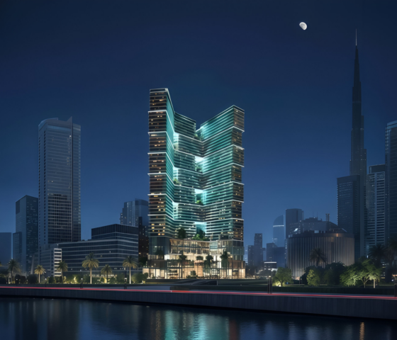 Binghatti Sky Terraces at Motor City, Dubai, showcasing illuminated high-rise towers within the city skyline at night.
