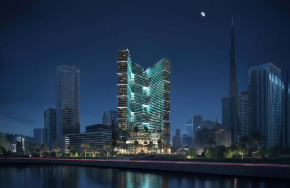 Binghatti Sky Terraces at Motor City, Dubai, showcasing illuminated high-rise towers within the city skyline at night.