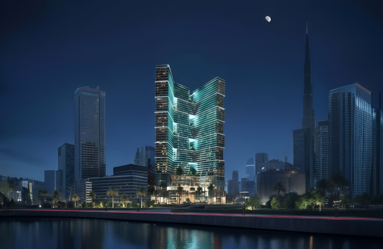Binghatti Sky Terraces at Motor City, Dubai, showcasing illuminated high-rise towers within the city skyline at night.