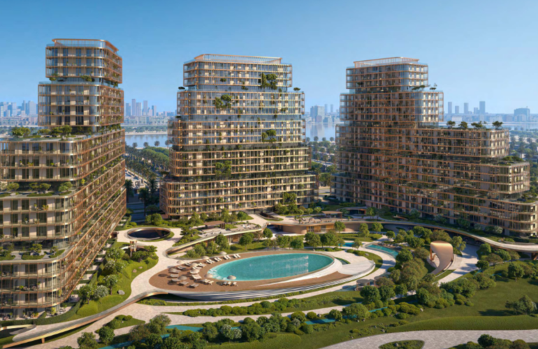 HADO by Beyond at SIØRA, Dubai Islands – Luxury waterfront residential towers with landscaped gardens and central pool.