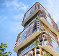 Modern high-rise building with a unique, stacked architectural design and integrated greenery under a blue sky .