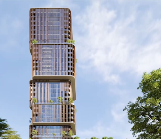 31 Above by Beyond commercial office tower: Stacked modern architecture with wooden elements and integrated greenery.