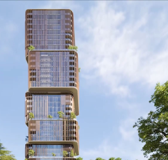31 Above by Beyond commercial office tower: Stacked modern architecture with wooden elements and integrated greenery.