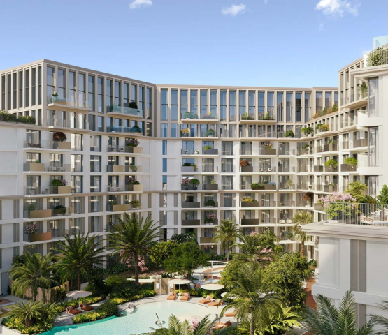 Contemporary mid-rise residential towers with sunset view