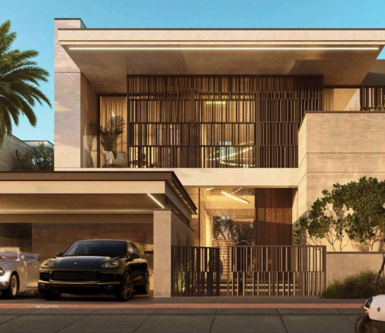 Modern villa exterior at Ashwood Estates, featuring a covered carport with luxury cars, and a person with a bicycle.