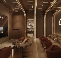 Exclusive apartment community amenity room designed as a modern private cinema.