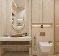 Contemporary master bathroom featuring a unique basin sink, a curved mirror, and integrated lighting.