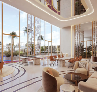 Contemporary residential amenity room with high ceilings, large windows, and a mix of casual and formal seating.