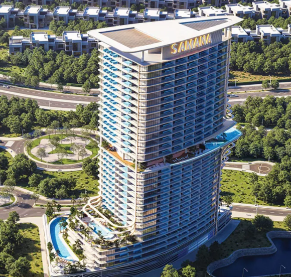 Modern residential tower with cascading private pools