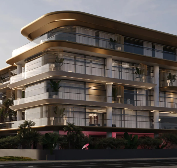 Exterior view of Belmont Park apartments in Nad Al Sheba 1 Dubai with modern glass façade and contemporary architecture .