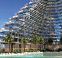 Wave-shaped luxury tower with pool and palm trees