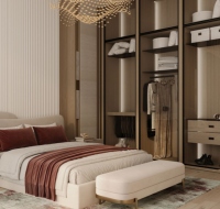 Modern bedroom with glass wardrobe and warm lighting